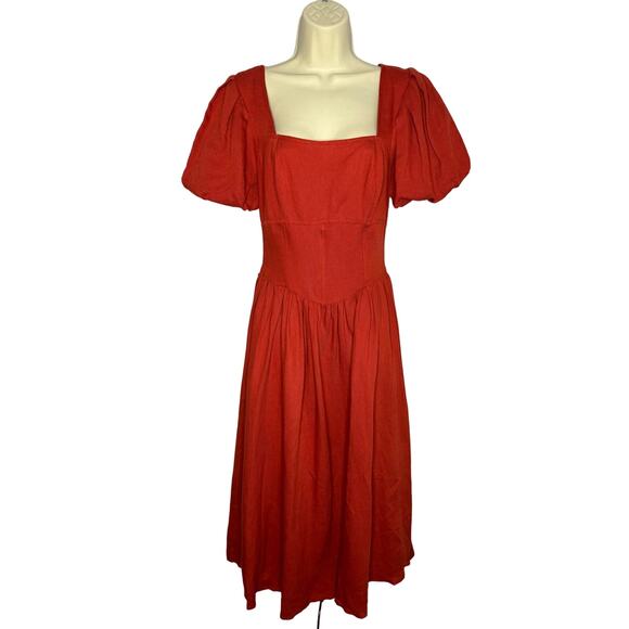 Anthropologie Currect Air Square-Neck Puff-Sleeved Midi Dress Linen Blend Sz XS - Picture 2 of 15